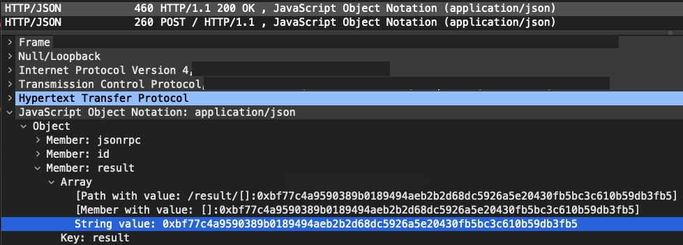 Tráfico de Wireshark con llamada JSON-RPC respondiendo con el hash de la transacción detectada