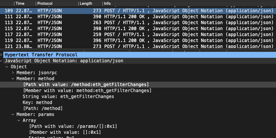 Tráfico de Wireshark con llamada JSON-RPC consultando por cambios en la mempool
