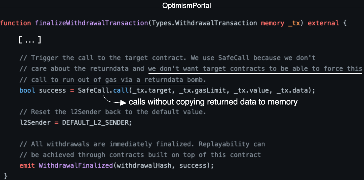 screenshot of code showing how the Optimism bridge copies the data
